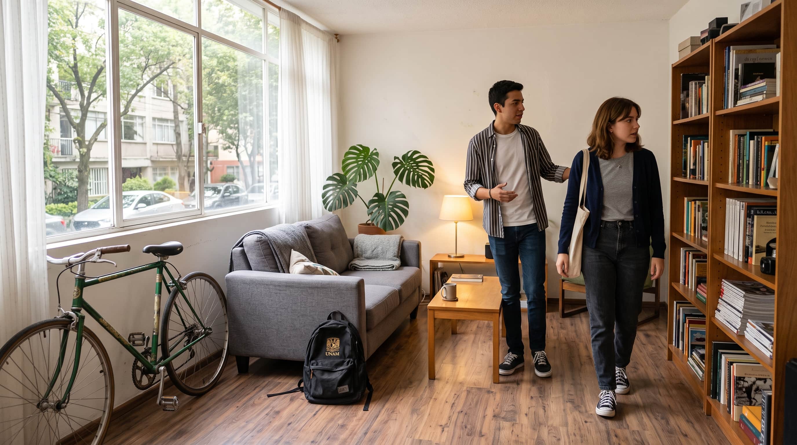 Two people talking in a shared apartment before deciding whether to live together