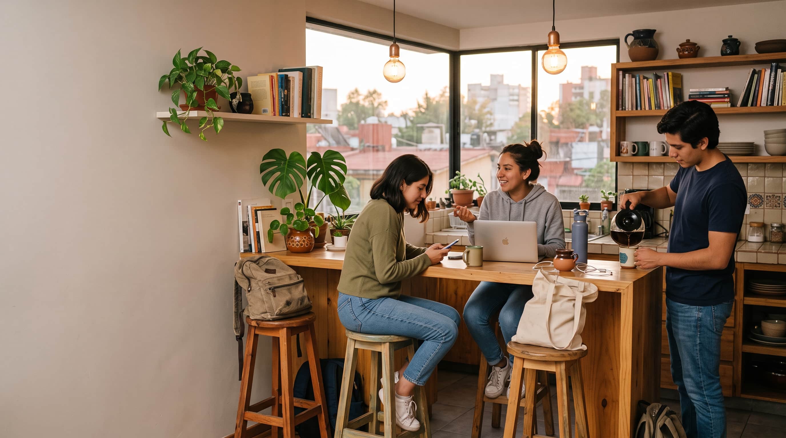 Person studying in a shared home while someone else makes coffee