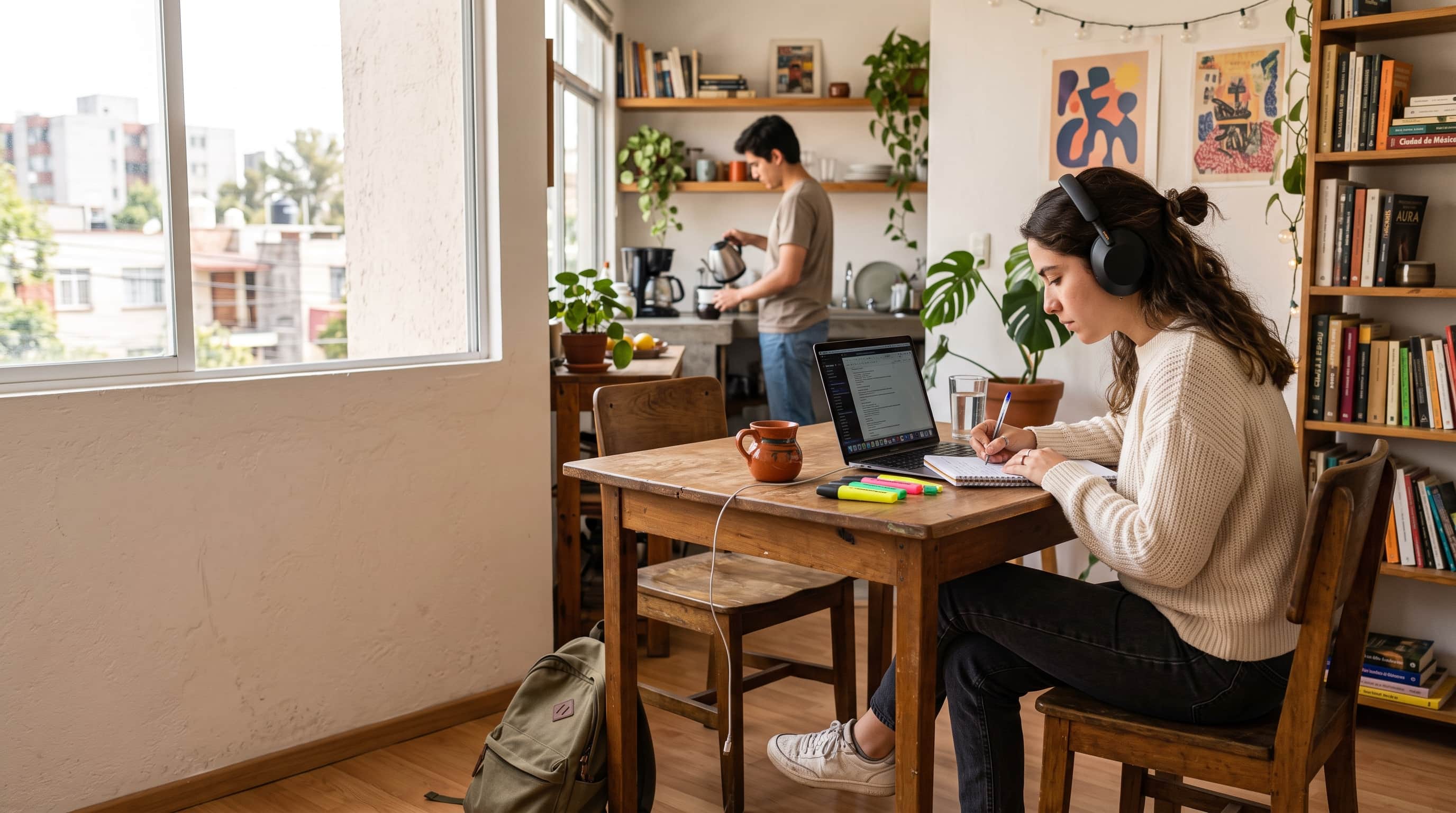 Three people talking in the kitchen of a shared apartment in Mexico City