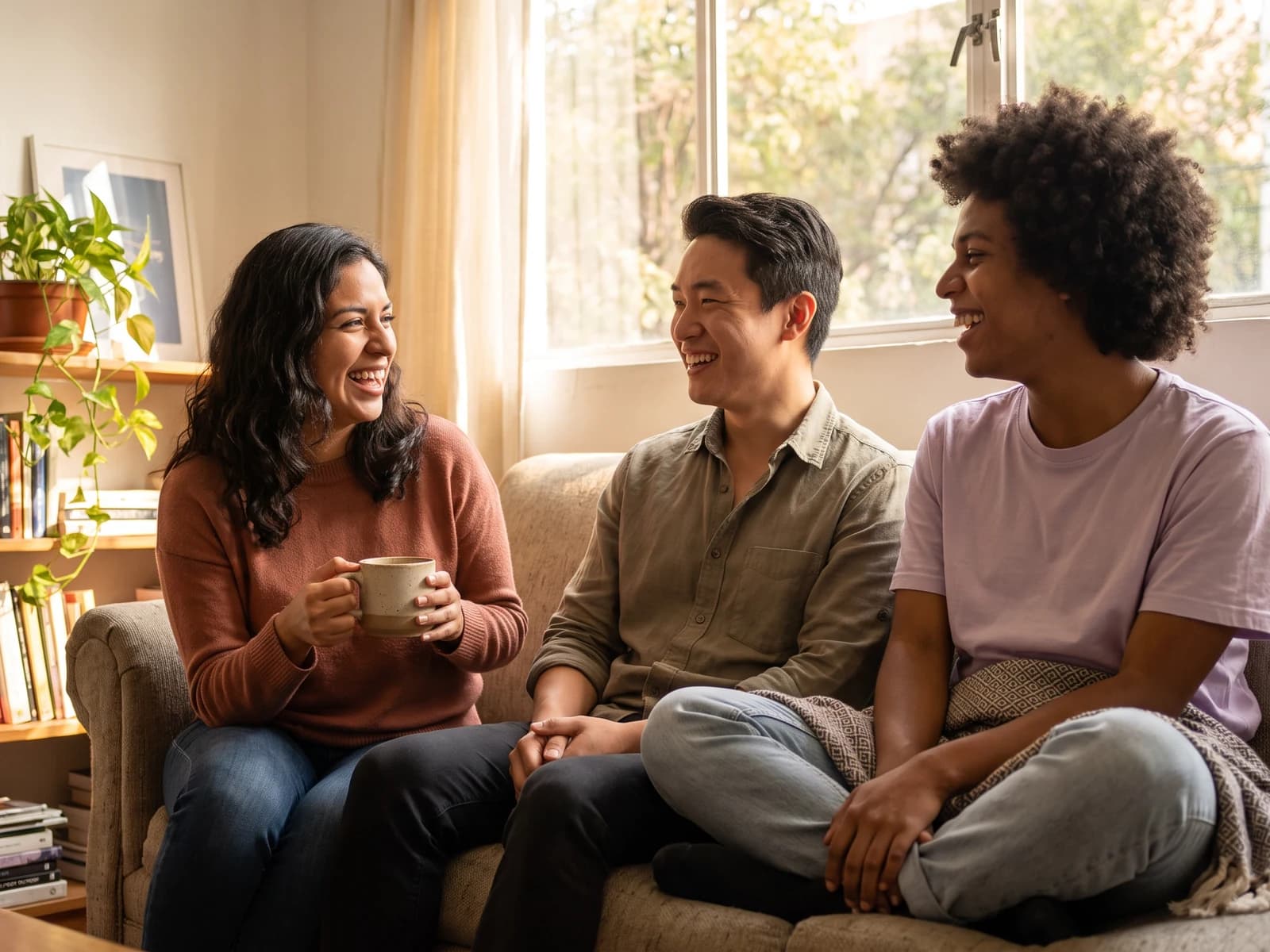 Three people talking in the living room of a shared apartment