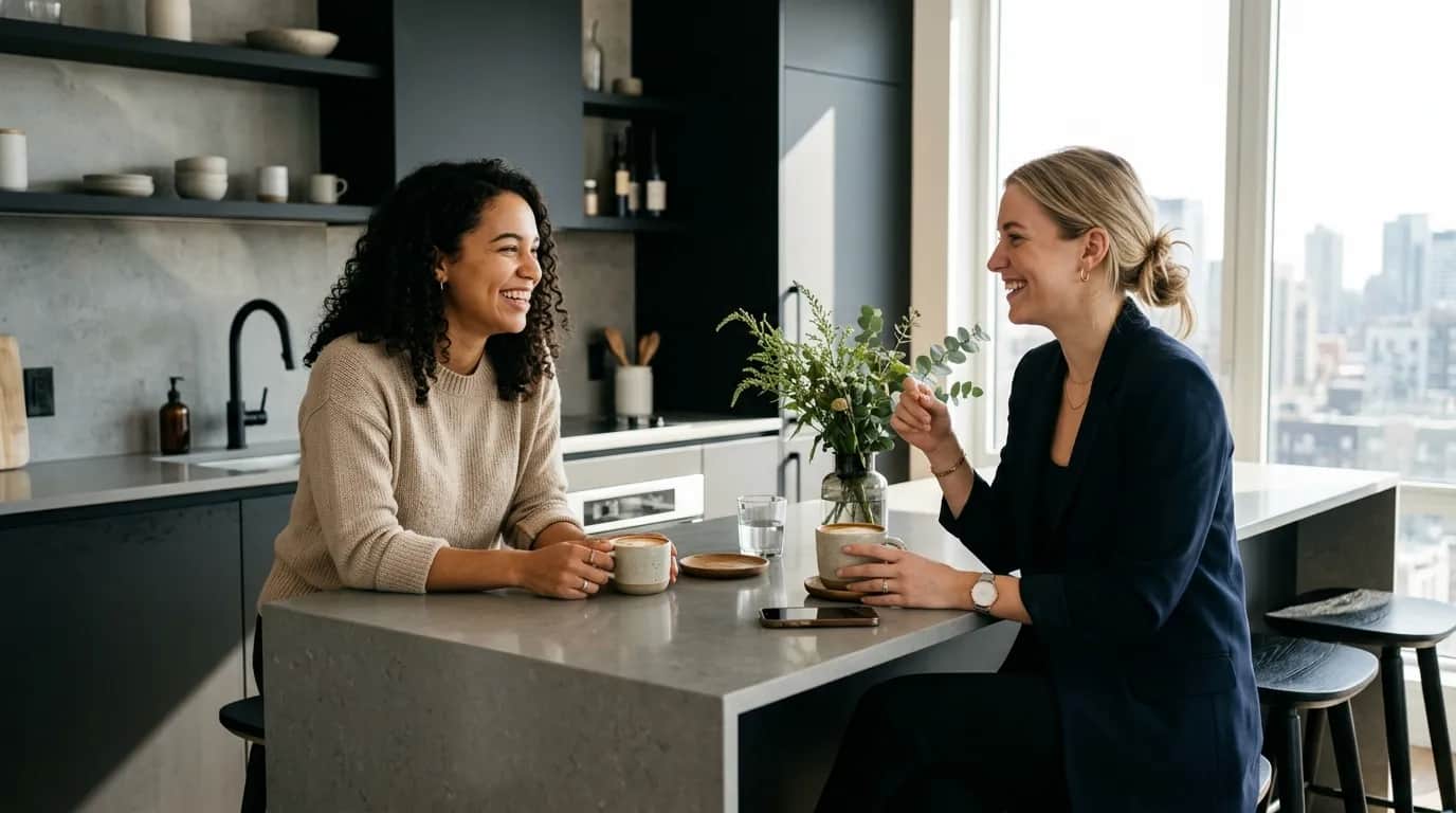 Dos personas conversando en un departamento compartido antes de decidir si vivirán juntas